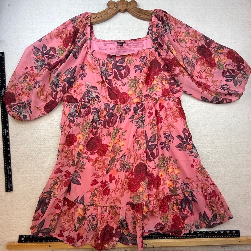 Torrid Pink Floral Dress Smocked Puff Sleeve Plus 3 3X romantic cottagecore - Picture 3 of 13